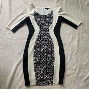 Black and white patterned form fitted sz 14 dress